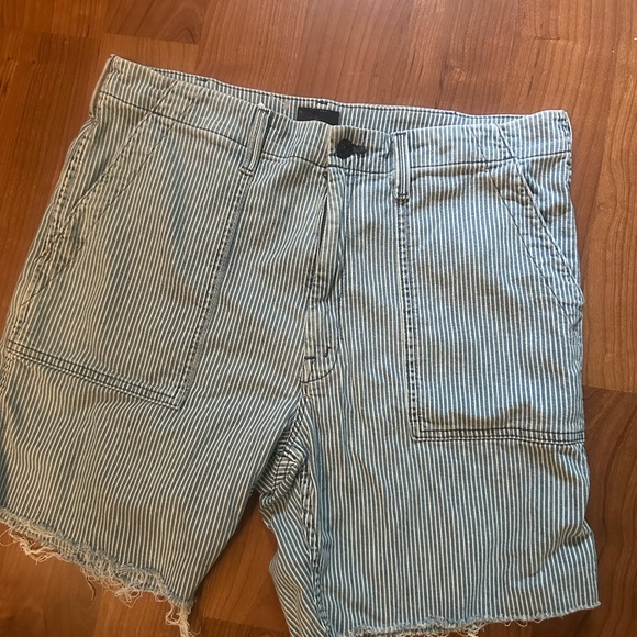 MOTHER Pinstripe Denim Shorts in Blue and White